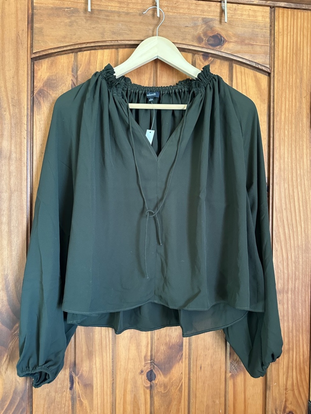 Madewell Olive Green Peasant Blouse with Tie Neck